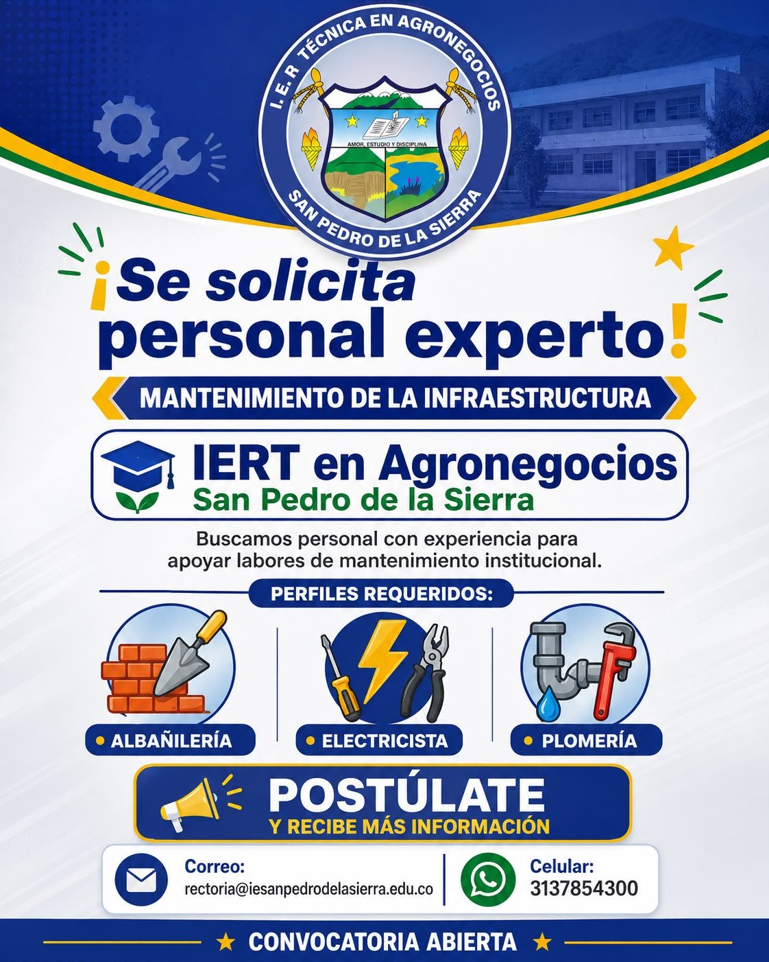 Convocatoria abierta para personal de albañilería, electricidad y plomería